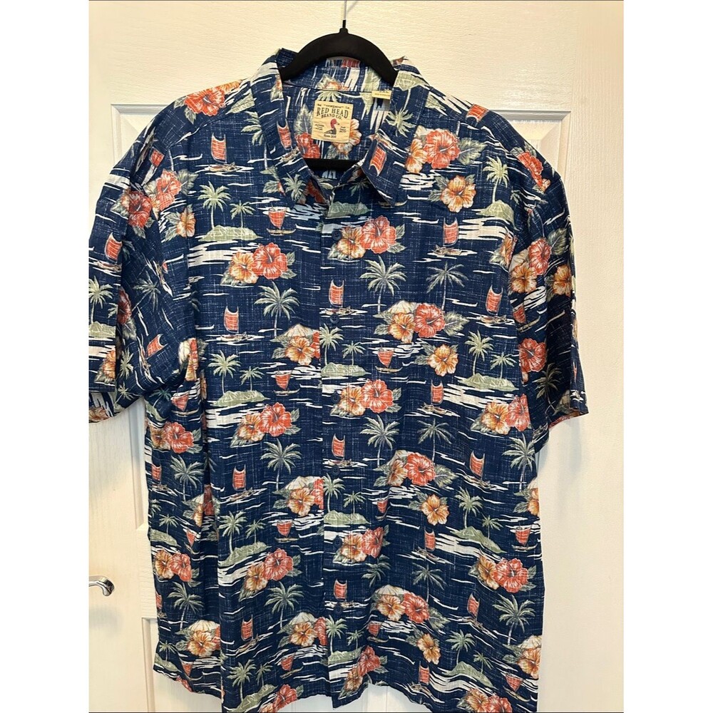 RedHead Navy Hawaiian Floral Palm Button-Up Shirt Size 2XL